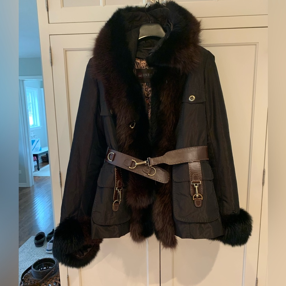 Mink Fur Trim Belted and Hooded Dark Brown Shimmery Coat Size 44 (Medium)